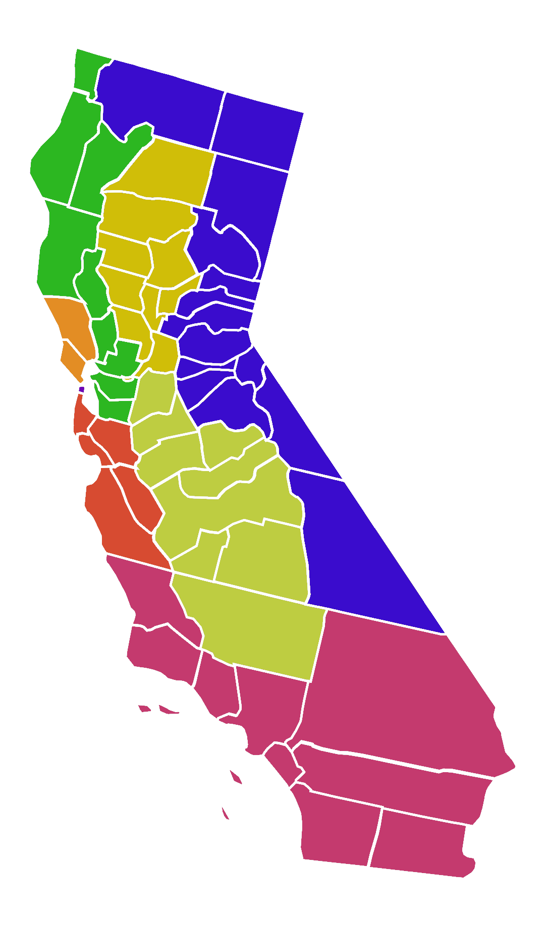 Color-coded region of California specifically for sorting buses